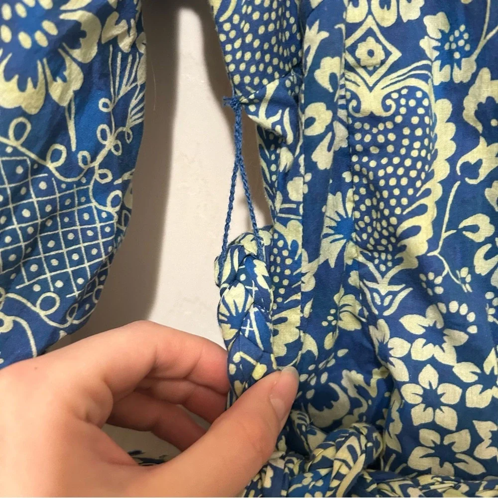 RHODE Floral Print Dress Blue Cream Feminine Ruffle Cotton Beach Vacation Sz Med - Picture 10 of 16